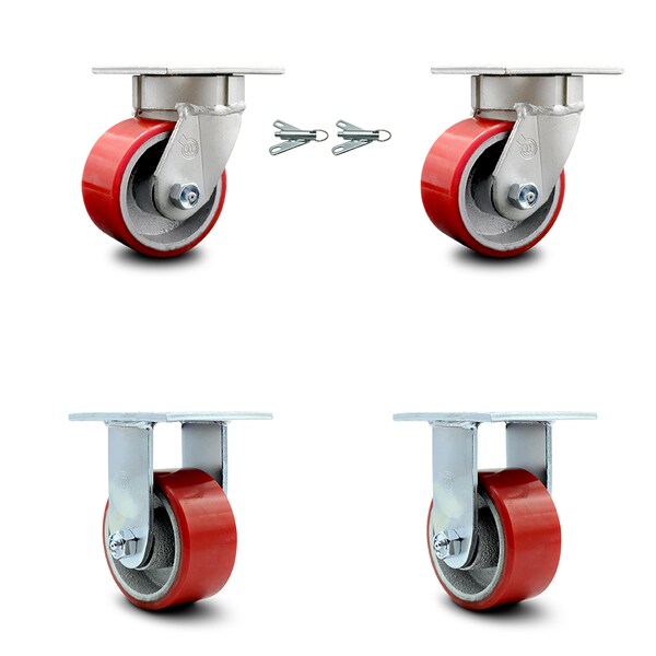 4 Inch Kingpinless Red Poly on Steel Wheel Caster Swivel Locks 2 Rigid, 2PK